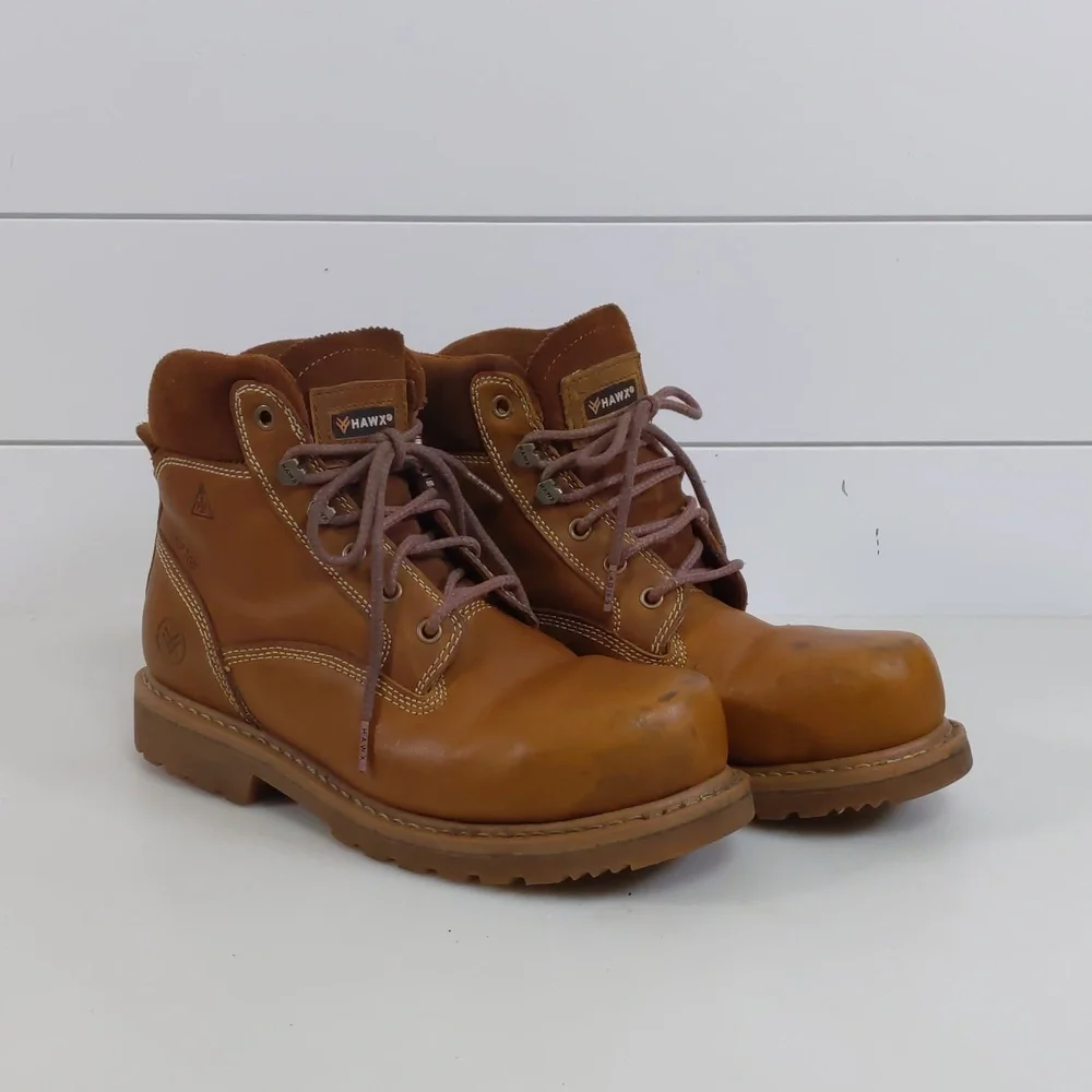 Hawx Men's‎ Leather Size 9B Brown Steel Toed Work Boots GUC